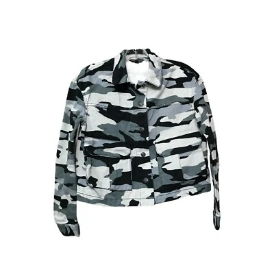 Rock & Republic Black Gray Charcoal Camo Pattern Long sleeve Cropped Jacket - Image 1 of 4