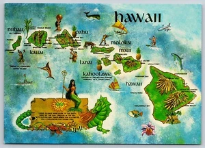 Postcard Hawaii Illustrated Map 2004 Mermaid Dragon Surfer Whale Dolphin Hula - Picture 1 of 2