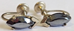 Vintage Silver Tone Marquise Hematite Screw Back Fashion Earrings - Picture 1 of 8