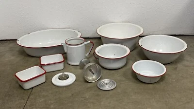 WHITE WITH RED ENAMELWARE WASH BASIN, BOWLS, COFFEE POT WITH INSERTS - Image 1 of 4