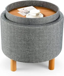 Giantex Round Storage Ottoman with Tray (Grey) - Picture 1 of 6