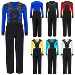 Kids Boys Color Block Latin Dance Jumpsuit Figure Skating Performance Costume - Picture 1 of 52