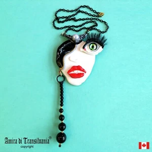 Jewelry Necklace Pendant Lady Face Art Deco Minimalist Brutalist Chunky Eye Lips - Picture 1 of 24