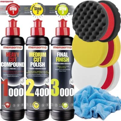 DETAILMATE Juego de pulido menzerna HCC 1000 MCP 2400 FF 3000 + 3x ALMOHADILLAS DE CERA + paño de microfibra