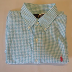 Ralph Lauren Seersucker Shirt Short Sleeve Check Blue Size L NEW - Picture 1 of 9