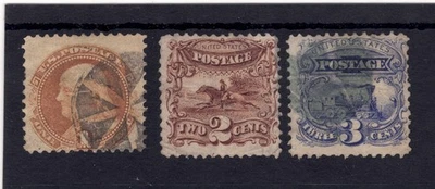 US Scott #'s 112, 113 and 114, USED / F - VF 1¢, 2¢ and 3¢ Stamps! SCV $280.00 - Image 1 of 2