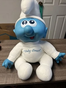 Vintage 1984 Peyo BABY SMURF 14” Plush Doll Vinyl Head Hands Hasbro - Picture 1 of 8