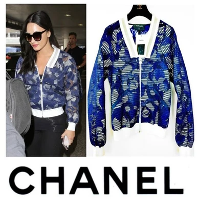5K Chanel 2018 Blue Gray Mesh Bomber Jacket 34 36 38 2 4 6 Coat Top Logo S M - Image 1 of 4