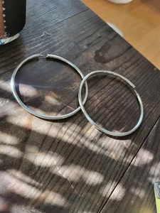 Vtg Sterling Silver Classic Round Hoop Earrings 3" Marked STER apx 10g Apx 3.2mm - Picture 1 of 6