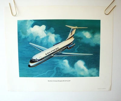SOUTHERN AIRWAYS POSTER PRINT Douglas DC-9 FanJET 1966 ORIGINAL VINTAGE - Image 1 of 4