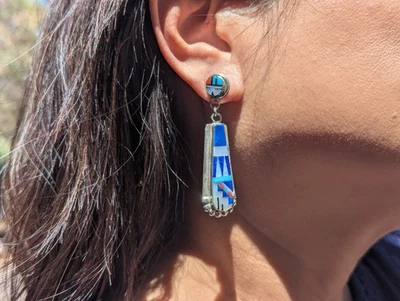 Zuni Multi Stone Inlay Lapis Lazuli Drop Earrings Handmade Native American - Image 1 of 4
