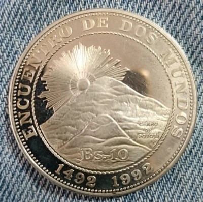 BOLIVIA 10 Bolivianos 1991 500 years America silver proof 0.925, 27g, ø 40mm - Image 1 of 2
