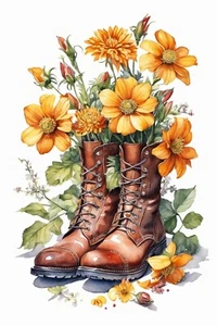 Colorful Watercolor Fall Boots & Flowers #3 - 8x10 Craft Cotton Fabric Block - Picture 1 of 1