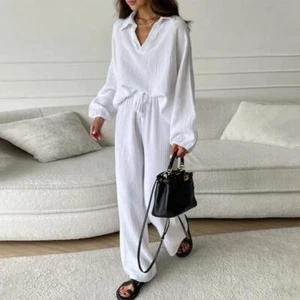 Womens V Neck Casual Long Sleeved Top Loose Drawstring Pants Set 2Pcs Set Summer - Picture 1 of 22