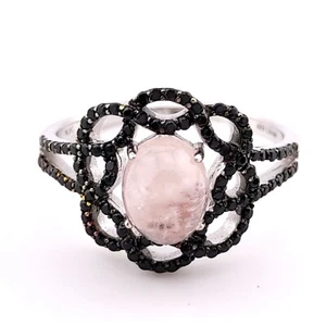 New PJC Sterling Silver Pink Quartz & Black Spinel Floral Band Ring Size 11 - Picture 1 of 7