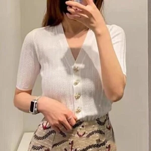 Hot solid color V-neck star button ribbed short sleeved knitted cardigan - Picture 1 of 21