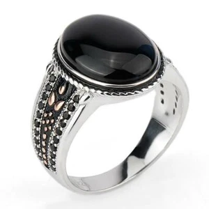 Bague Agate naturelle noir homme argent massif 925 pas cher pierre noire - Imagen 1 de 8