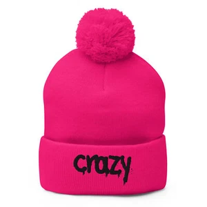 Schwarze bestickte Crazy Bommelmütze - Unisex Erwachsene Winter Strick Bündchen Beanie - Bild 1 von 42
