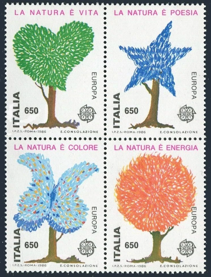 Italy 1672 ad block,MNH.Michel 1968-1971. EUROPE CEPT-1986.Trees:Butterfly,Sun. - Image 1 of 1