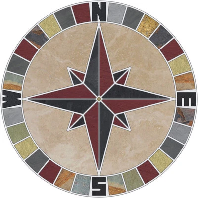 24" Tile Mosaic Medallion Natural Stone Mariners Compass Rose Travertine & Slate - Image 1 of 2