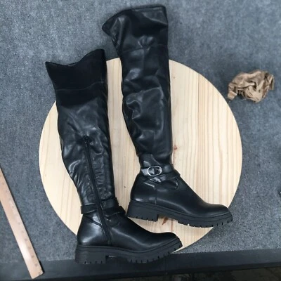 JustFab Boots Womens 8.5 Pippa Buckle Tall Riding Black Faux Leather Knee High - Image 1 of 4