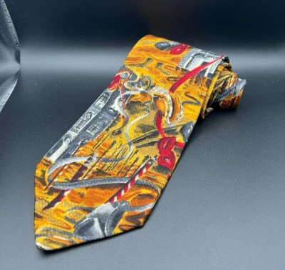 Ermenegildo Zegna 100% Silk Neck Tie Orange Gray Building Masks Party Marti Gras - Imagem 1 de 4