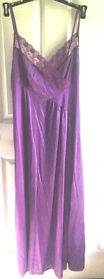 Vtg UNDERCOVER WEAR LONG NYLON & LACE NIGHTGOWN Purple Side Slit - Image 1 of 3