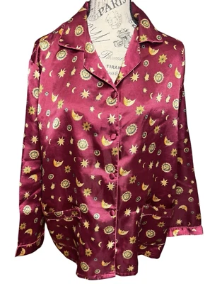 Vtg 90s Y2K 00s Celestial SILK Pajama Top RED Gold Womens M Sun Moon Stars - Image 1 of 4