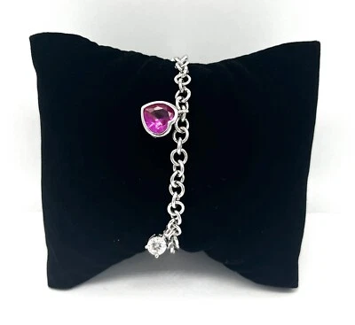 925/- Silber Charm Armband, simulierten Diamanten Herz, rund, 19 cm la - Bild 1 von 2