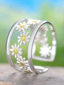 1 Stck. Blume hohler breiter Gänseblümchen offener Ring. Silberfarbenes Kupfermaterial - Bild 1 von 3