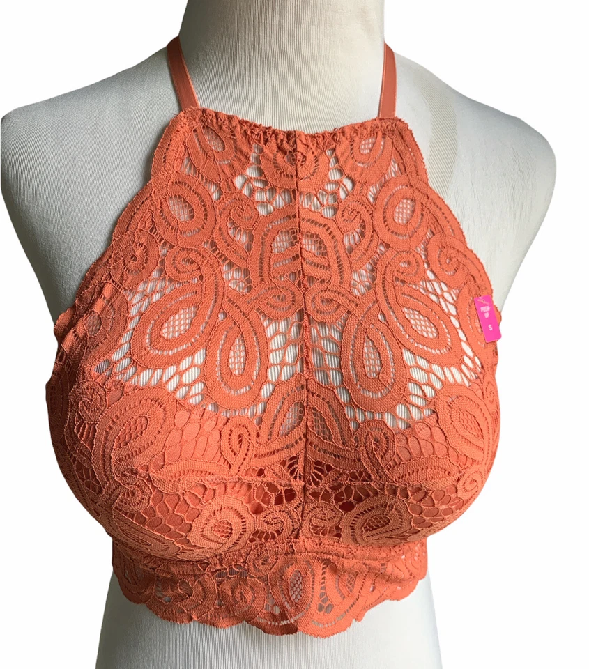 Victoria's Secret Pink Push-up Lace Bralette High Neck Green Blue Size S WT