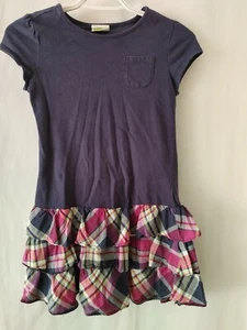 Crazy 8 Drop Waist Dress Tiered Ruffles Hem Short Slv Navy Plaid L 10-12 #12796 - Picture 1 of 4