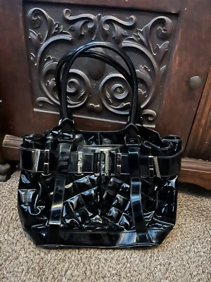 Burberry Patent Leather Black Beat Check Handbag Tote. - Image 1 of 4
