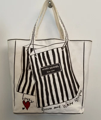 Henri Bendel NY Canvas Tote Bag Love Of Shopping Cream & Brown Stripes Handbag - Image 1 of 4