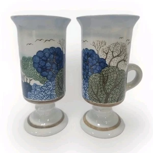 OTAGIRI tazzine caffè irlandesi con piedi in ceramica gres alberi e uccellini lotto set di 2 - Foto 1 di 11