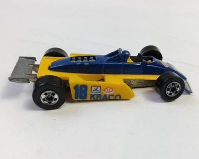 HOT WHEELS KRACO STEREO 18 INDY RACE CAR YELLOW BLUE DIECAST. 1982 MALAYSIA - Image 1 of 4