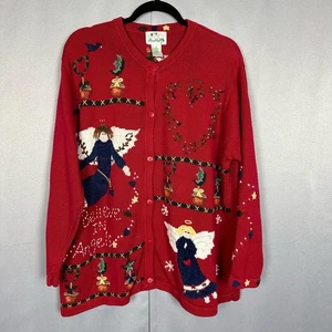 Womens VTG Quacker Factory Holiday Red Believe in Angels Cardigan Embroidered 1X - Picture 1 of 9