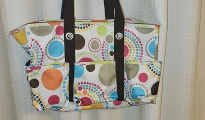 "Bolso de mano utilitario organizador Thirty One 31 bolsillos exteriores círculos coloridos 15"" L" Foto 1 de 4