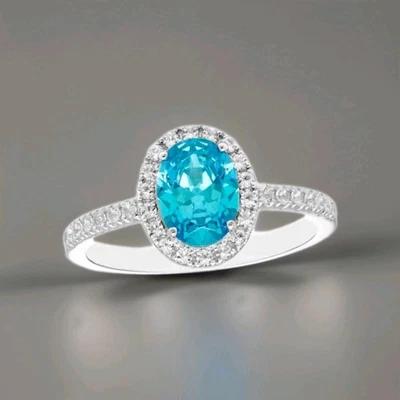 Oval-Cut Natural Swiss Blue Topaz & White Lab-Created Sapphire Halo Ring - Image 1 of 4