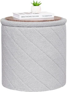 Grey Boucle Round Storage Ottoman Stool Footrest Vanity Seat - Picture 1 of 11
