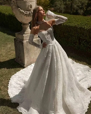 Strapless Lace Mermaid Wedding Dress V-Neck Long Sleeves A-line Bride Gowns 2025 - Image 1 of 4