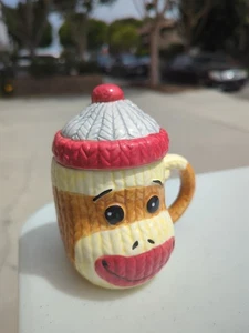 Cracker Barrell Sock Monkey Coffee Mug Cup With Lid Textured Surface pre loved - Picture 1 of 3