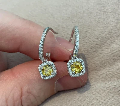 2Ct Princess Cut Lab Created Citrine Drop/Dangle Earrings 14K White Gold Plated - Image 1 of 4