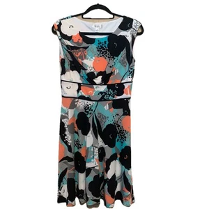 Dressbarn Women's Sleeveless Orange Blue Floral Abstract Fit & Flare Sz 10 Work - Picture 1 of 7