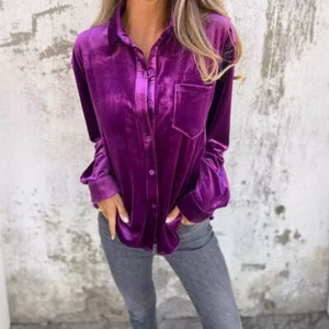 Ladies Velvet Blouse Casual Party Long Sleeve Buttons Tops T-shirts Plus Size UK - Picture 1 of 13