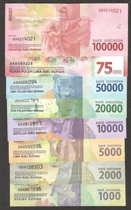 Set completo 8 pz primo prefisso AAA Indonesia 1000-100.000 rupie 2016 - 2020 UNC - Foto 1 di 8
