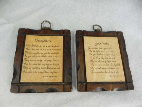 Pair of 2 JERRY SCHULTZ Co Handcrafted Pine GRANDMOTHER GRANDFATHER Wall Plaques Cover