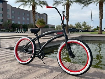 SIKK Wide Ride SS Aluminum Frame Single Speed Black Red Wheels BEACH CRUISER - Image 1 of 4