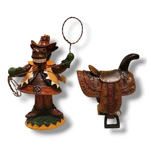 Cowboy Horse With Lasso & Saddle Resin Western Christmas Ornaments Set Of 2 - Picture 1 of 6