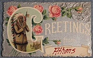 1910s RARE Embossed Greetings Sample Postcard Native American Holding Spear - Picture 1 of 2
